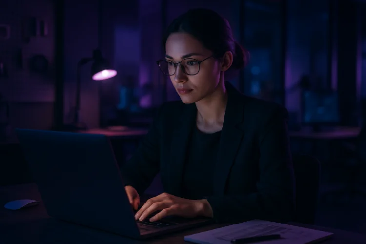 Osoba pracująca przy laptopie w jasnym biurze